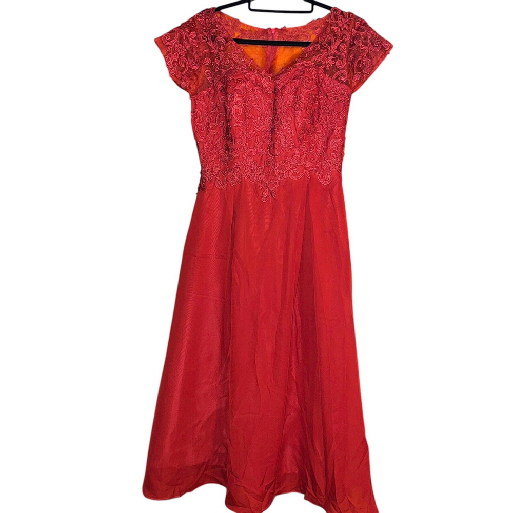 Dark Orange Bridesmaid Dress Tea Length Lace Chiffon Size 10